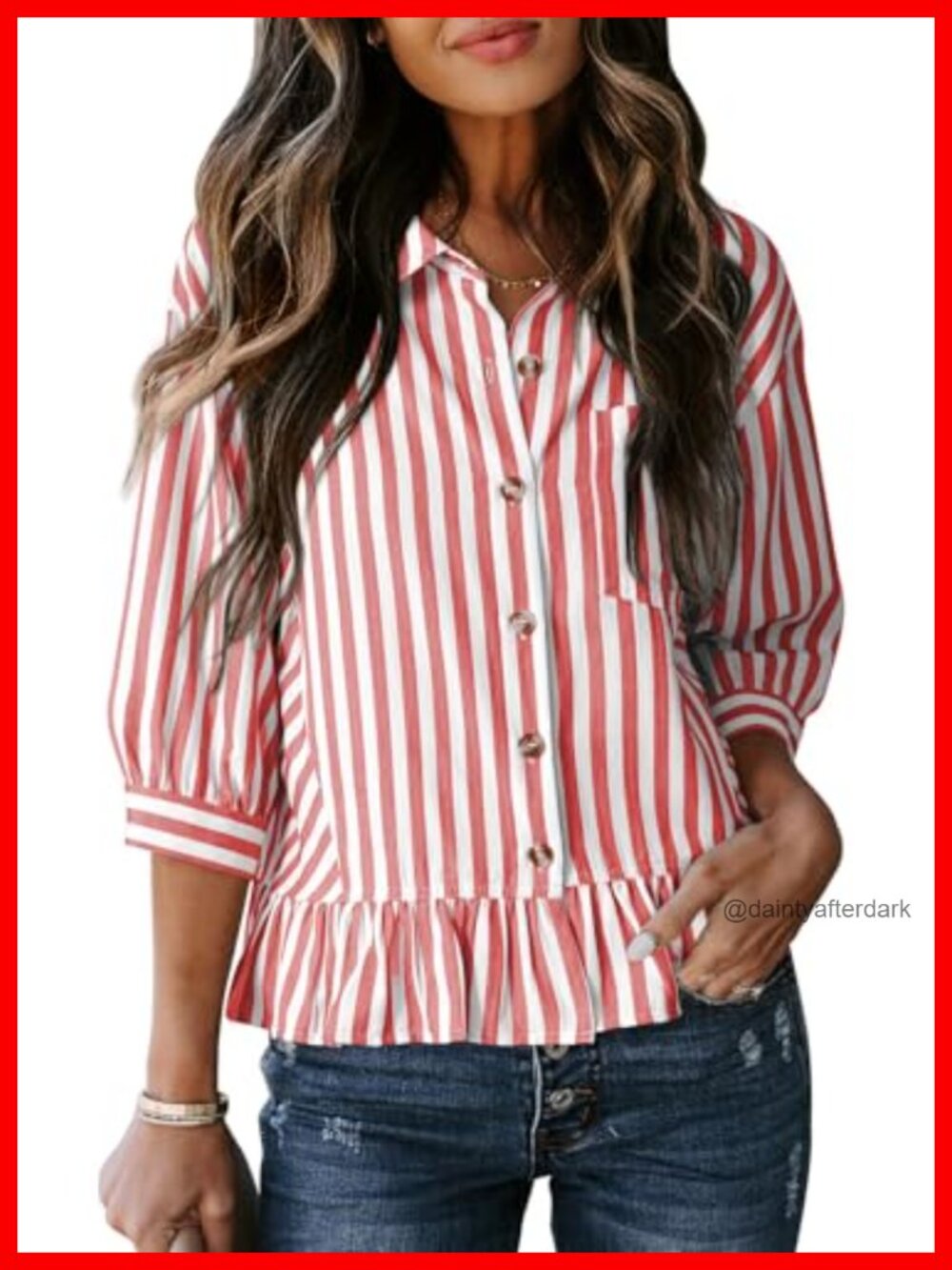 3/4 Sleeve Button Down Peplum Babydoll Blouse Striped Shirt